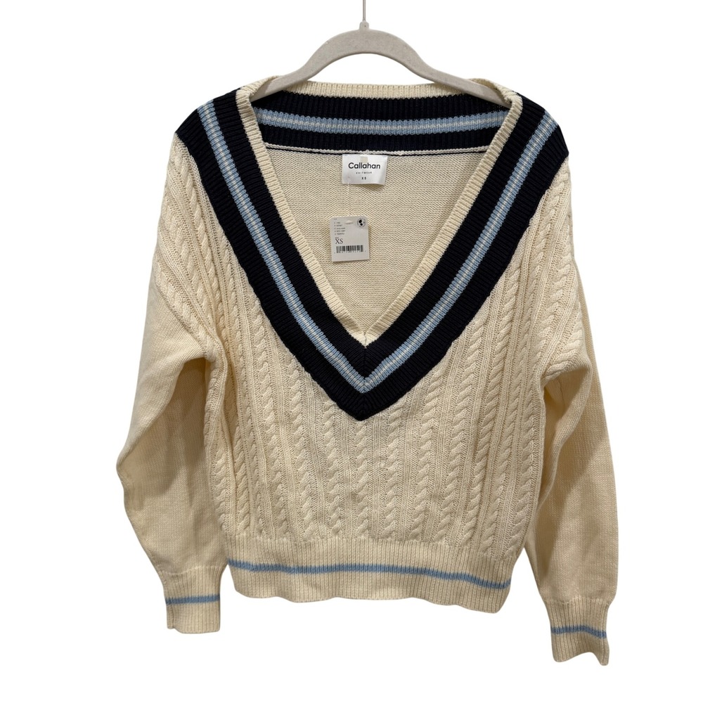 Callahan Knitwear Ivory Comb Striped V-Neck Cable Knit Varsity Sweater XS NEW